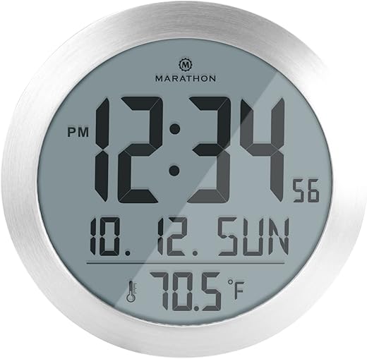 MARATHON 8-Inch Round Digital Wall Clock, Stainless Steel - Large, Easy-to-Read Display - AM/PM or 24-Hour Time, Eight Time Zones, Indoor Temperature, Date