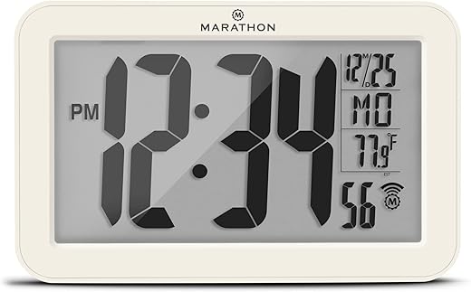 MARATHON Atomic Wall Clock, Canvas White - Large 9-Inch Display - AM/PM or 24-Hour Time, 8 Time Zones, Indoor Temperature, Day & Date - Two AA Batteries Included