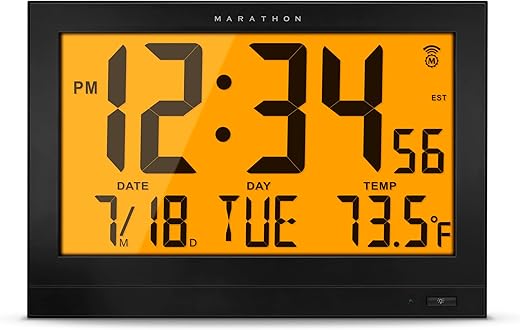 MARATHON Jumbo Atomic Wall Clock with Automatic Backlight, Black - Large 15-Inch Display - AM/PM or 24-Hour Time, 8 Time Zones, Indoor Temperature, Day & Date - Includes Wall Plug