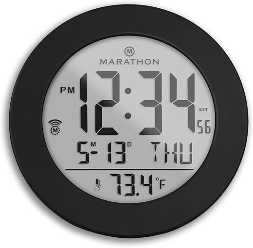 MARATHON Round Atomic Alarm Clock with Push-Button Backlight, Black - 12 or 24-Hour Time, Eight Time Zones, Indoor Temperature, Date - Two AAA Batteries Included