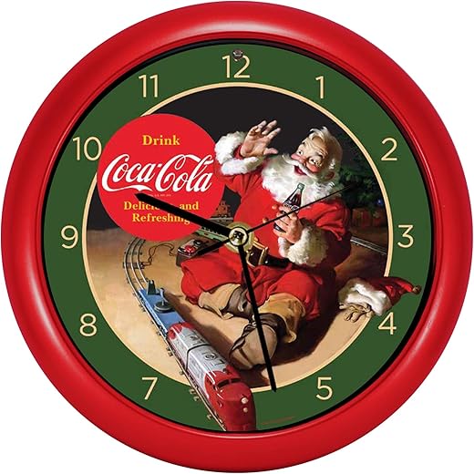 Mark Feldstein & Associates Coca Cola 90th Anniversary Santa and Train Christmas Carol Sound Clock, 8 Inch Red