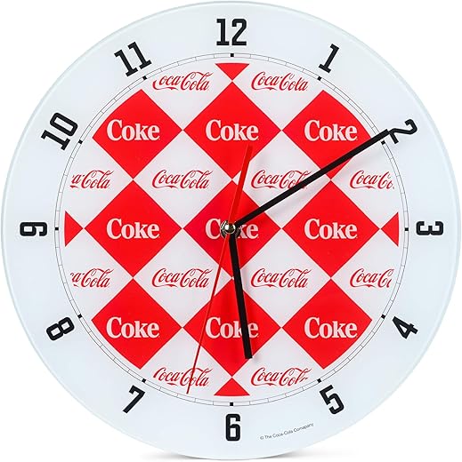 Mark Feldstein & Associates Coca Cola Diamond Pattern Red and White 12 inch Glass Round Wall Clock