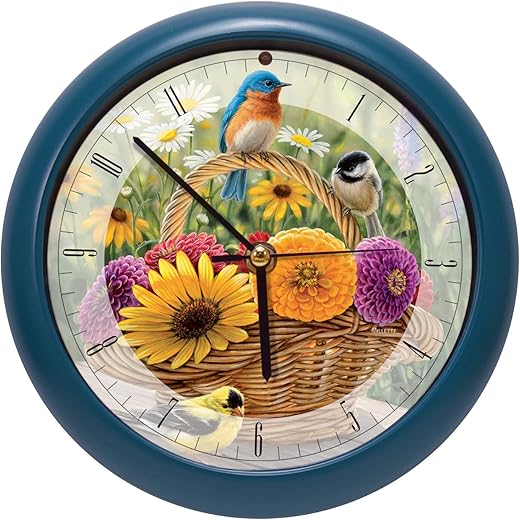 Mark Feldstein & Associates Wild Wings Rosemary Millette Summer Bouquet Clock with Original Bird Sounds, 8", for Wall or Desk