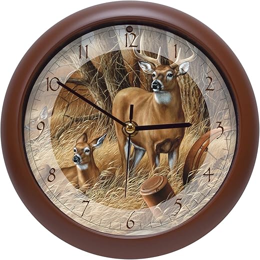 Mark Feldstein & Associates Wild Wings Rustic Retreat Whitetail Deer Nature Sounds Clock, 8 Inch, Brown, for Wall or Desk