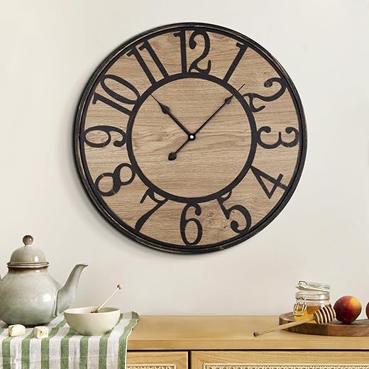 Maxstar Large Wall Clock Silent Bronze Rustic Farmhouse Metal & Wood Clocks with Arabic Numeral, Battery Operated Wall Clocks Decorative for Living Room Bedroom Office Home Decor 20inch