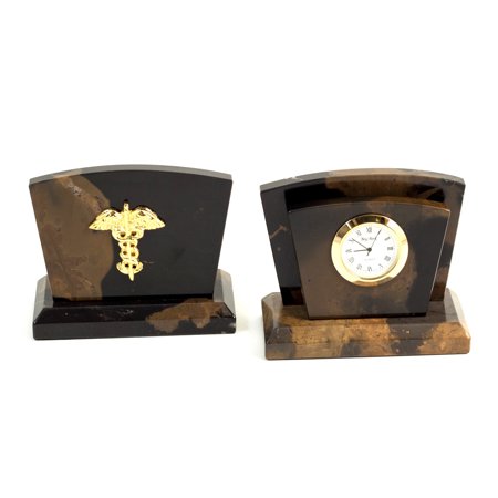 Medical, Tiger Eye Marble with Gold Plated Accents Quartz Clock & Letter Rack.