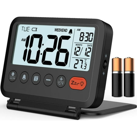 MeesMeek Digital Travel Alarm Clock, Black, 3.54 inch LCD Display, 9-Minute Snooze, 2 Volume Levels, Backlight, Battery Included