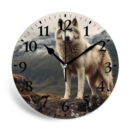 MEOSLZUT 10 inch Round Wall Clock,Animal White Wolf on Rocks at The Night Misty Weather Design,Silent Non Ticking Wall Clocks for Living Room Kitchen Bedroom