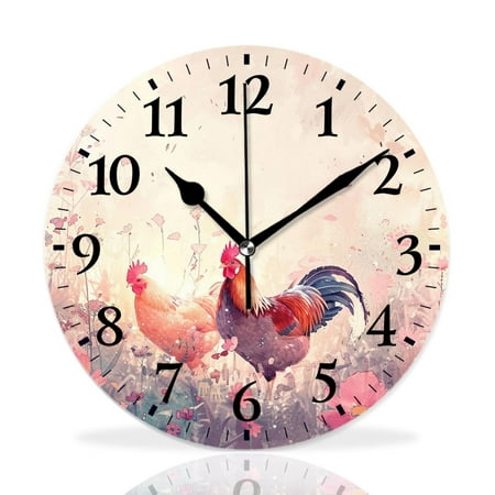 MEOSLZUT 10 inch Round Wall Clock,Chicken Rooster Grass Vintage Fantastic,Silent Non Ticking Wall Clocks for Living Room Kitchen Bedroom