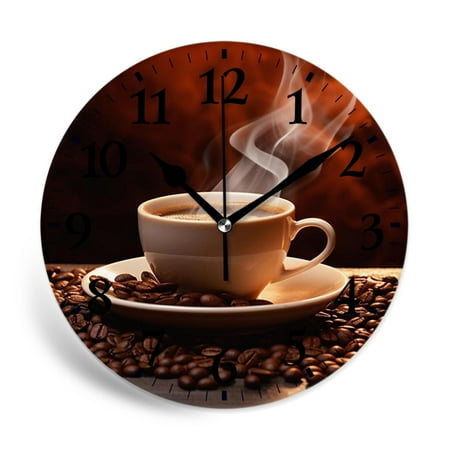 MEOSLZUT 10 inch Round Wall Clock,Coffee Cup Beans Picture,Silent Non Ticking Wall Clocks for Living Room Kitchen Bedroom