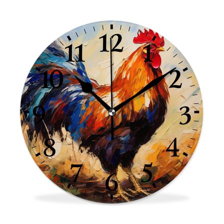 MEOSLZUT 10 inch Round Wall Clock,Colorful Rooster Oil Painting on Modern Impressionism Multicolor,Silent Non Ticking Wall Clocks for Living Room Kitchen Bedroom