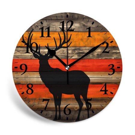 MEOSLZUT 10 inch Round Wall Clock,Deer Animal in Sunset forest Woodland on Wooden Creative,Silent Non Ticking Wall Clocks for Living Room Kitchen Bedroom