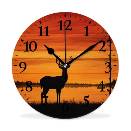 MEOSLZUT 10 inch Round Wall Clock,Deer Animal in Sunset forest Woodland on Wooden Elegant,Silent Non Ticking Wall Clocks for Living Room Kitchen Bedroom