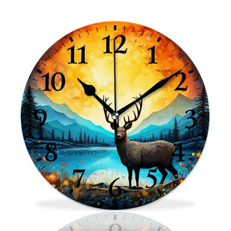 MEOSLZUT 10 inch Round Wall Clock,Deer in Antler Autumn Sunset forest Winter Woodland Elegant,Silent Non Ticking Wall Clocks for Living Room Kitchen Bedroom