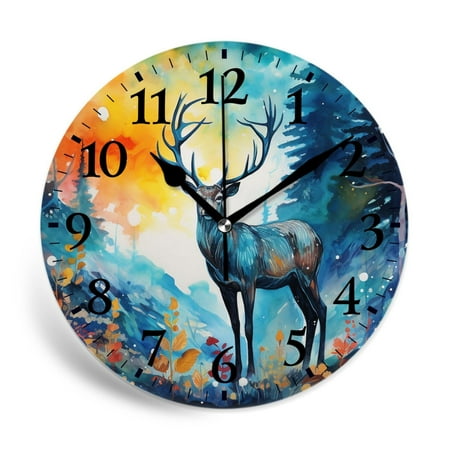 MEOSLZUT 10 inch Round Wall Clock,Deer in Antler Autumn Sunset forest Winter Woodland Image,Silent Non Ticking Wall Clocks for Living Room Kitchen Bedroom