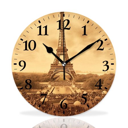 MEOSLZUT 10 inch Round Wall Clock,Eiffel Tower in Paris France Vintage Old Retro Style Elegant,Silent Non Ticking Wall Clocks for Living Room Kitchen Bedroom