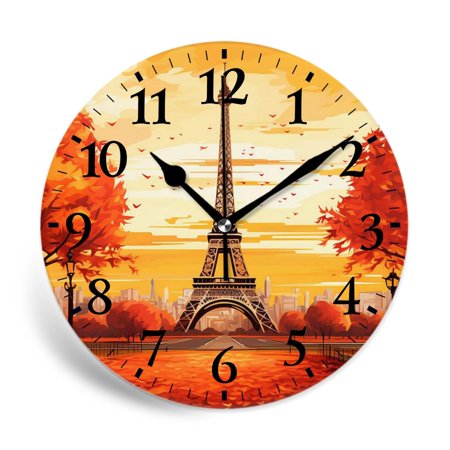 MEOSLZUT 10 inch Round Wall Clock,Eiffel Tower Maple Leaf Autumn Pattern,Silent Non Ticking Wall Clocks for Living Room Kitchen Bedroom