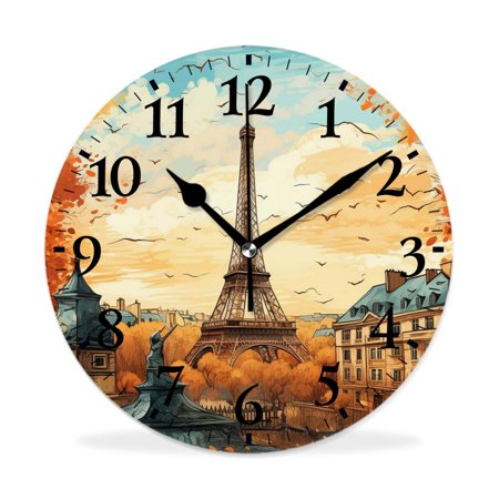 MEOSLZUT 10 inch Round Wall Clock,Eiffel Tower Maple Leaf Autumn Style,Silent Non Ticking Wall Clocks for Living Room Kitchen Bedroom