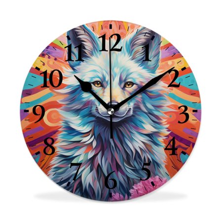 MEOSLZUT 10 inch Round Wall Clock,Fox Colorful Multicolor,Silent Non Ticking Wall Clocks for Living Room Kitchen Bedroom