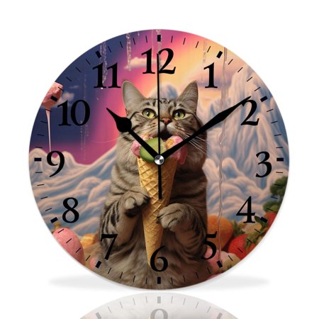 MEOSLZUT 10 inch Round Wall Clock,Funny Cat Holding Watermelon Umbrella Ice Cream in Paw Grey Sky Picture,Silent Non Ticking Wall Clocks for Living Room Kitchen Bedroom