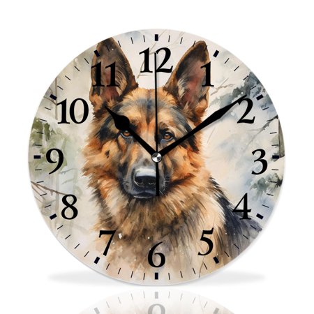 MEOSLZUT 10 inch Round Wall Clock,German Shepherd in Watercolor Green forest Art,Silent Non Ticking Wall Clocks for Living Room Kitchen Bedroom