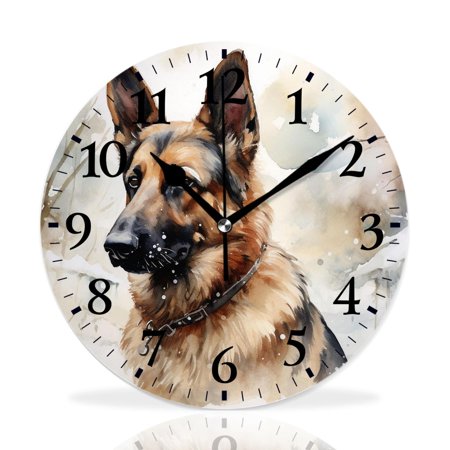 MEOSLZUT 10 inch Round Wall Clock,German Shepherd in Watercolor Green forest Style,Silent Non Ticking Wall Clocks for Living Room Kitchen Bedroom