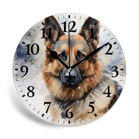 MEOSLZUT 10 inch Round Wall Clock,German Shepherd in Watercolor Green forest Design,Silent Non Ticking Wall Clocks for Living Room Kitchen Bedroom