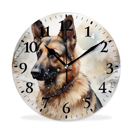 MEOSLZUT 10 inch Round Wall Clock,German Shepherd in Watercolor Green forest Style,Silent Non Ticking Wall Clocks for Living Room Kitchen Bedroom