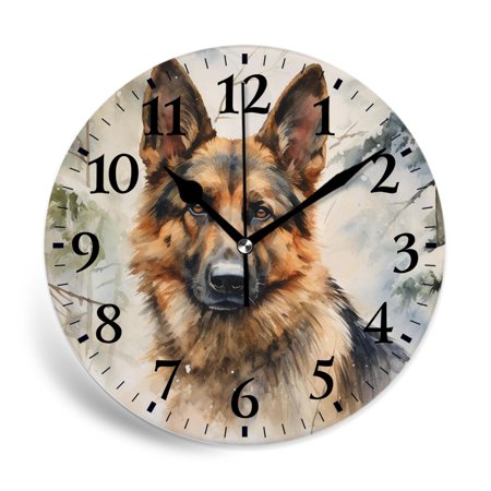 MEOSLZUT 10 inch Round Wall Clock,German Shepherd in Watercolor Green forest Art,Silent Non Ticking Wall Clocks for Living Room Kitchen Bedroom