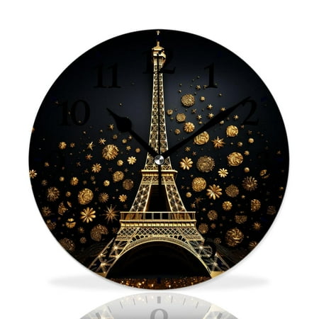 MEOSLZUT 10 inch Round Wall Clock,Golden Eiffel Tower Creative,Silent Non Ticking Wall Clocks for Living Room Kitchen Bedroom