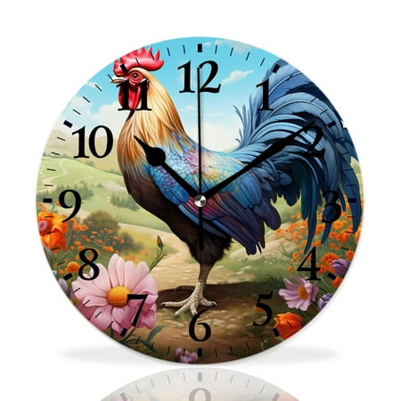 MEOSLZUT 10 inch Round Wall Clock,Lovely Rooster in Flowers Style,Silent Non Ticking Wall Clocks for Living Room Kitchen Bedroom