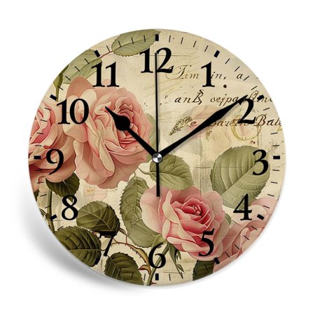 MEOSLZUT 10 inch Round Wall Clock,Paris Travel Vintage Newspaper Pink Rose Flower Elaborate,Silent Non Ticking Wall Clocks for Living Room Kitchen Bedroom