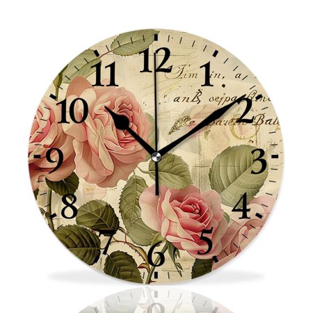 MEOSLZUT 10 inch Round Wall Clock,Paris Travel Vintage Newspaper Pink Rose Flower Elaborate,Silent Non Ticking Wall Clocks for Living Room Kitchen Bedroom