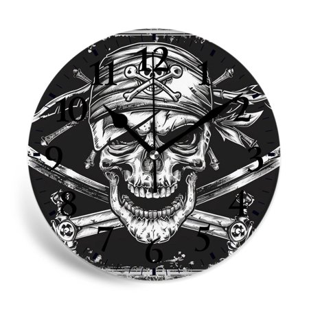 MEOSLZUT 10 inch Round Wall Clock,Pirate Skull with Sword Day of The Dead Charming,Silent Non Ticking Wall Clocks for Living Room Kitchen Bedroom