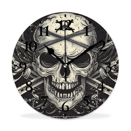 MEOSLZUT 10 inch Round Wall Clock,Pirate Skull with Sword Day of The Dead Gorgeous,Silent Non Ticking Wall Clocks for Living Room Kitchen Bedroom