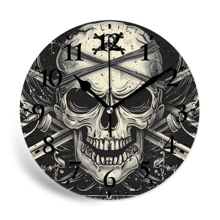 MEOSLZUT 10 inch Round Wall Clock,Pirate Skull with Sword Day of The Dead Gorgeous,Silent Non Ticking Wall Clocks for Living Room Kitchen Bedroom