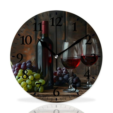 MEOSLZUT 10 inch Round Wall Clock,Red and White Wine in Glass Fruit Grape on Wooden Beautiful,Silent Non Ticking Wall Clocks for Living Room Kitchen Bedroom