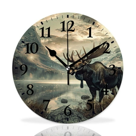 MEOSLZUT 10 inch Round Wall Clock,Red Deer Bull Moose Autumn Woodland forest Water Snow Cute,Silent Non Ticking Wall Clocks for Living Room Kitchen Bedroom