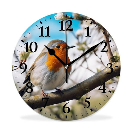 MEOSLZUT 10 inch Round Wall Clock,Robin Bird in Winter Tree Drawing,Silent Non Ticking Wall Clocks for Living Room Kitchen Bedroom