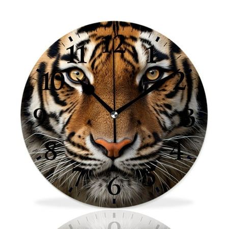 MEOSLZUT 10 inch Round Wall Clock,Tiger Head Animal Portrait Face Print Picture,Silent Non Ticking Wall Clocks for Living Room Kitchen Bedroom