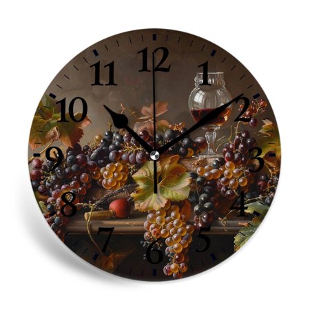 MEOSLZUT 10 inch Round Wall Clock,Vintage Wine Grape Red Glasses Elaborate,Silent Non Ticking Wall Clocks for Living Room Kitchen Bedroom