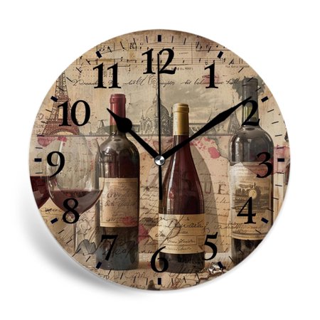 MEOSLZUT 10 inch Round Wall Clock,Wine Bottles and Glasses Natural,Silent Non Ticking Wall Clocks for Living Room Kitchen Bedroom