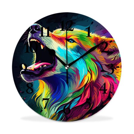 MEOSLZUT 10 inch Round Wall Clock,Wolf Head Colorful Portrait on Dark Blue Pop Art Style Art,Silent Non Ticking Wall Clocks for Living Room Kitchen Bedroom