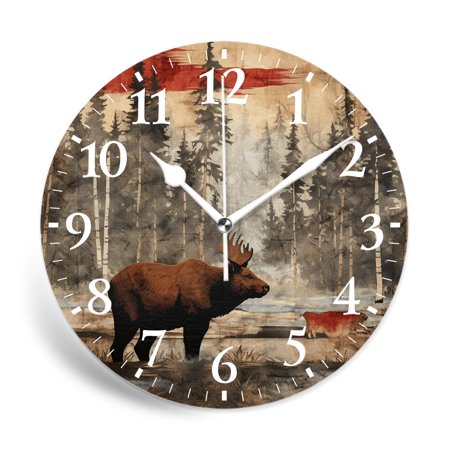 MEOSLZUT 12 inch Round Wall Clock,Rustic Lodge Bear Moose Deer Painting,Silent Non-Ticking Wall Clock Decor for Home Office Kitchen Living Room Bedroom