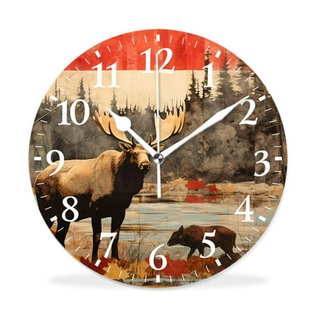 MEOSLZUT 12 inch Round Wall Clock,Rustic Lodge Bear Moose Deer Picture,Silent Non-Ticking Wall Clock Decor for Home Office Kitchen Living Room Bedroom