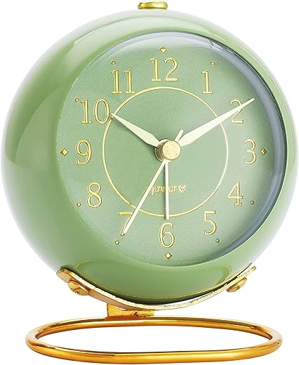 Metal Desk Clock, Retro Bedroom Table Vintage Analog Alarm Clock, Silent Non-Ticking Gold Clock, Bedside Décor(Olive-Green)