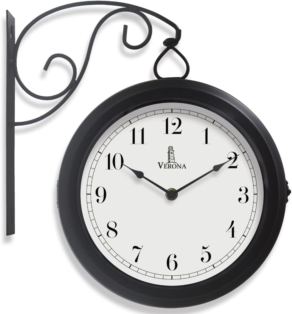 Metal Double Sided Wall Clock 10" - Decorative Indoor Outdoor Double Sided Clock - Easy to Read, Hanging Train Station Clock for Patio, Garden, Office & More - Antique Style Outside Corner Clock Decor