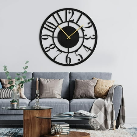 Metal Wall Clock Decor Wall Art Silent Battery Operated, Sunburst Numerals Wall Sculpture Clock Hangings Home Decoration for Living Room, Bedroom, Kitchen, Bathroom - 18 Black