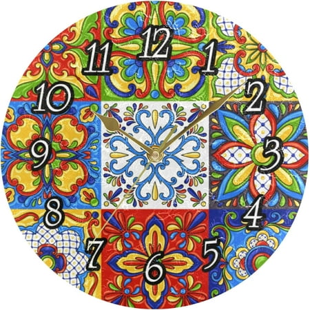 Mexican Talavera Ceramic Tile Ethnic Folk Ornament Italian Pottery Wall Clock, Silent Non-Ticking Easy To Read Round Decorative Wall Clock With Gold Hands For Home Office School 9.5 In Diameter