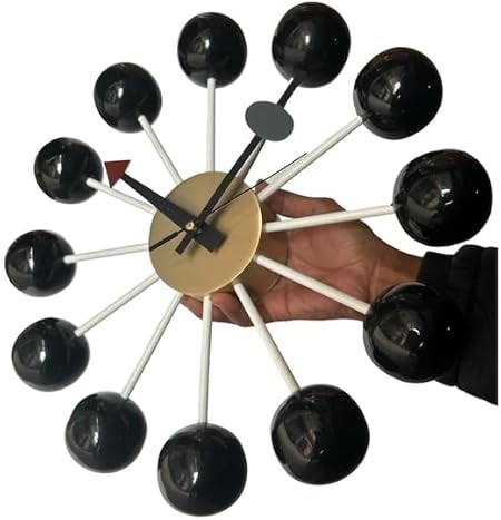 Mid Century Modern George Nelson Ball Wall Clock Replica - Colorful/Black Brass & Wood - 1950s Style Vintage Home Decor - Unisex Gift, 15 inch